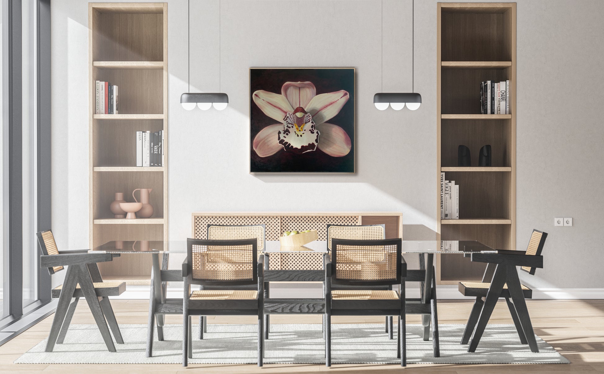 Large oil painting of an orchid in dining room, painted by Victoria Beyer, botanical artist