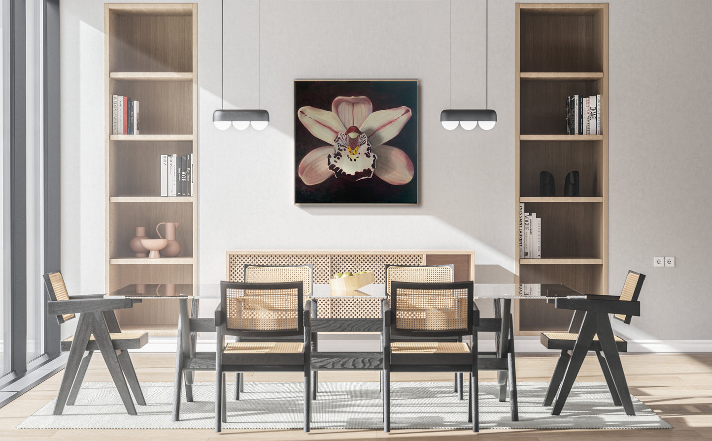 Large oil painting of an orchid in dining room, painted by Victoria Beyer, botanical artist