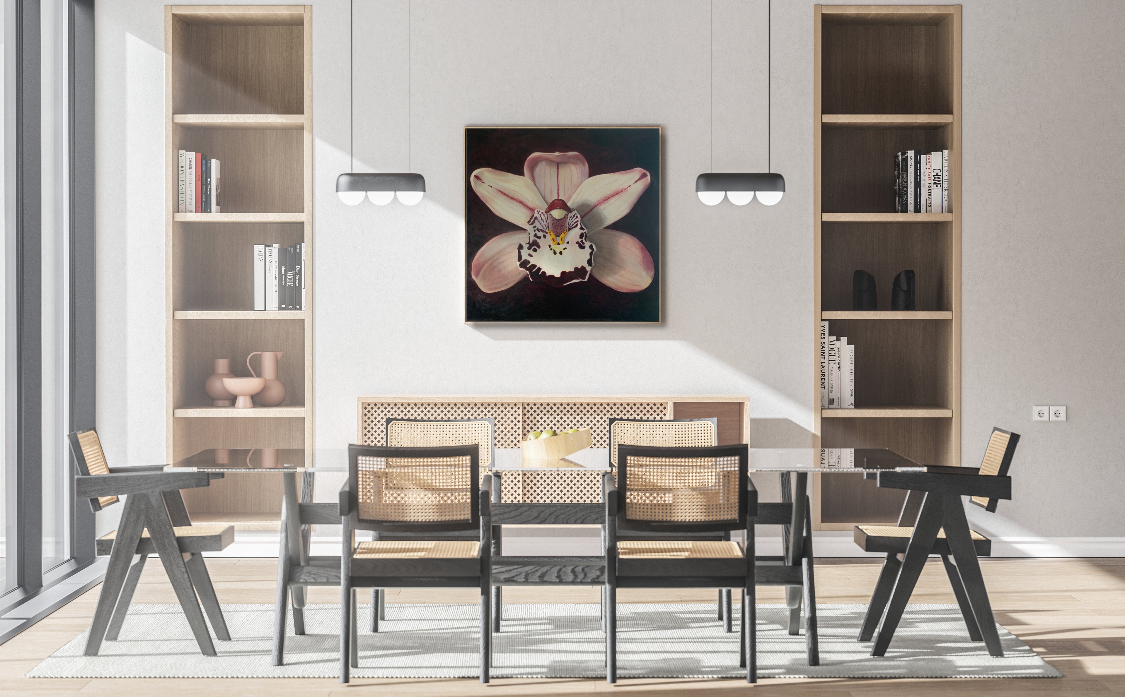 Large oil painting of an orchid in dining room, painted by Victoria Beyer, botanical artist