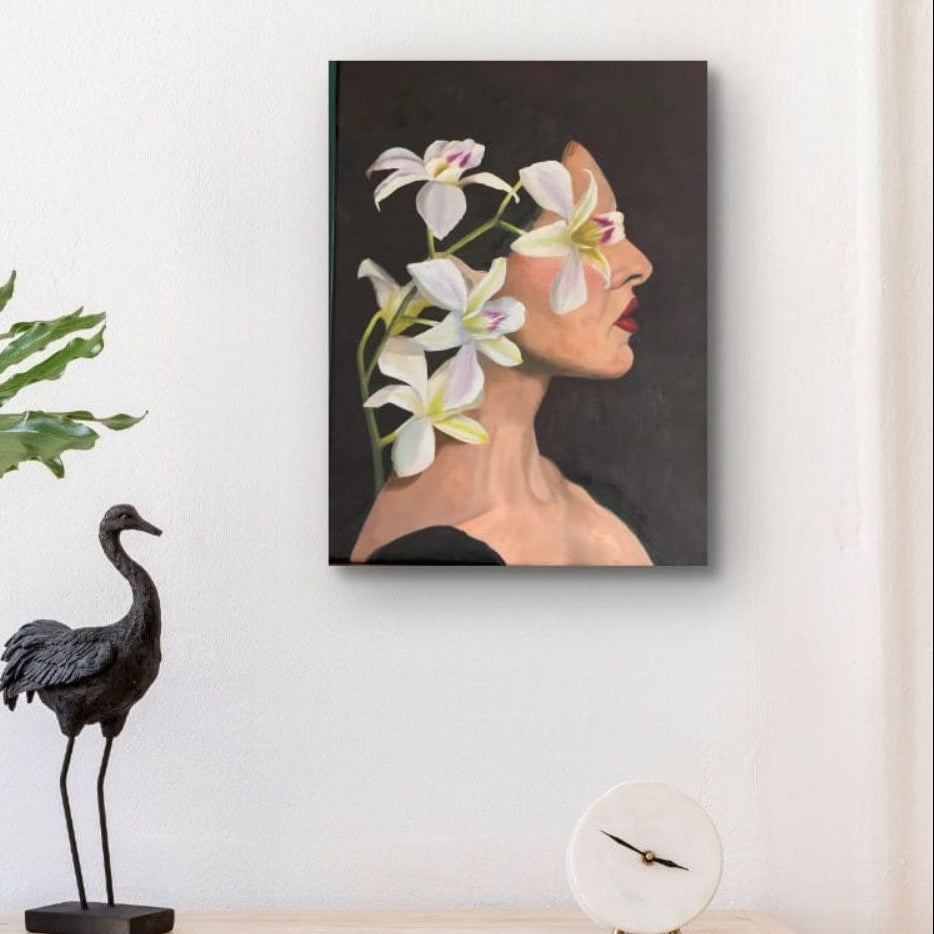 Emiliy oil painting hanging on wall by artist Victoria Beyer