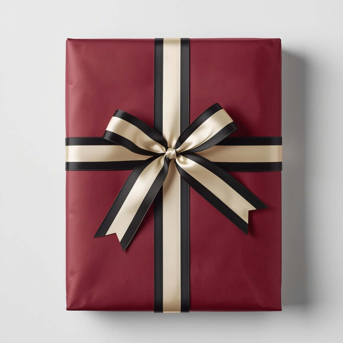Burgundy gift package with a large bow made of black, cream  ribbons on a light gray background. 